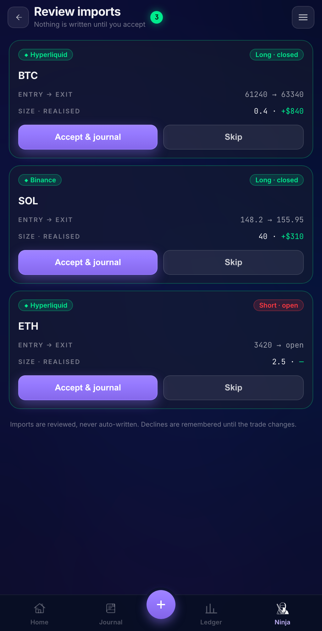 The TradeNinja mobile app's Review imports screen — synced trades from Hyperliquid and Binance waiting for one-tap approval into the journal